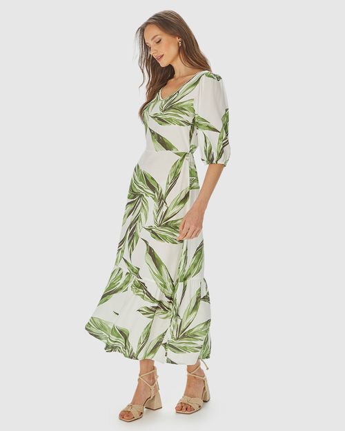 Vestido Midi Feminino Marias Estampado Manga 3/4 Em Viscose