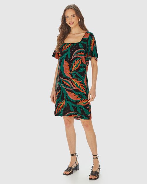 Vestido Feminino Folhagem Decote Quadrado Em Plumetis Brilho