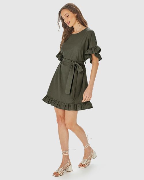 Vestido Feminino Babados Com Cinto Em Viscolinho