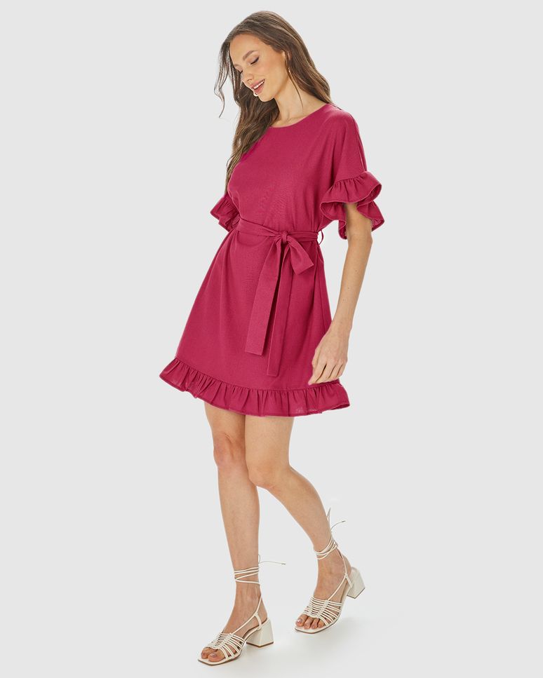 Vestido Feminino Babados Com Cinto Em Viscolinho