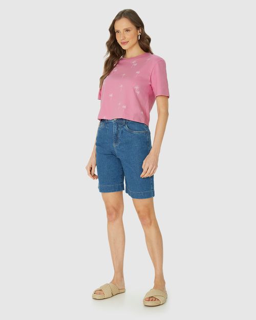Camiseta Long Cropped Estampa Coqueiros Em Algodão
