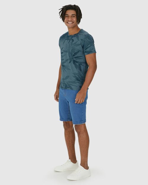 Camiseta Masculina Estampa Folhagem Em Malha Rajada Linho