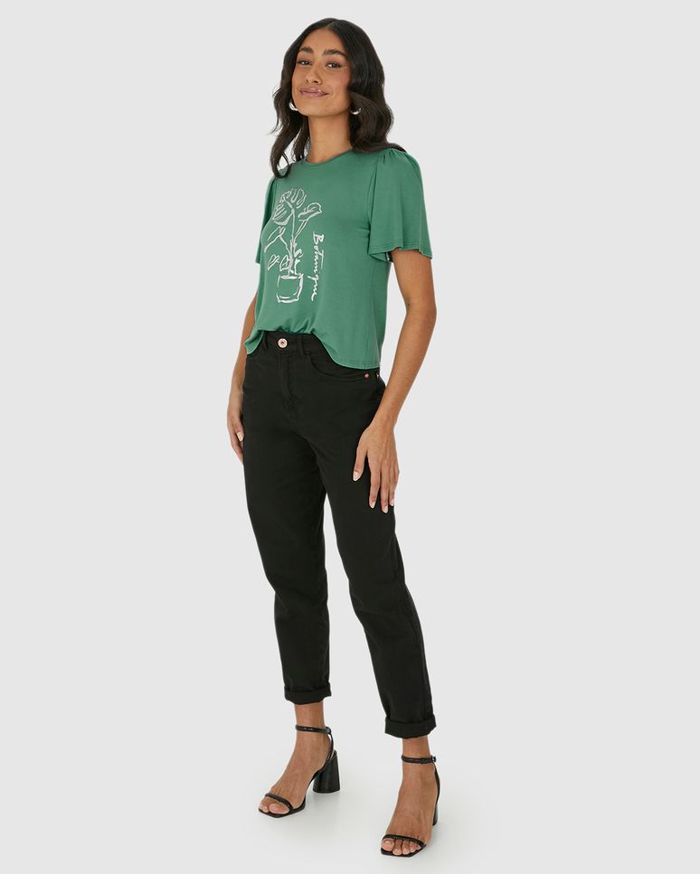 Camiseta Feminina Estampa Foil Manga Franzida Em Viscose Stretch