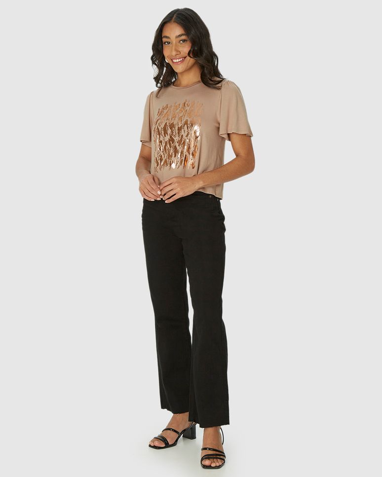 Camiseta Feminina Estampa Foil Manga Franzida Em Viscose Stretch