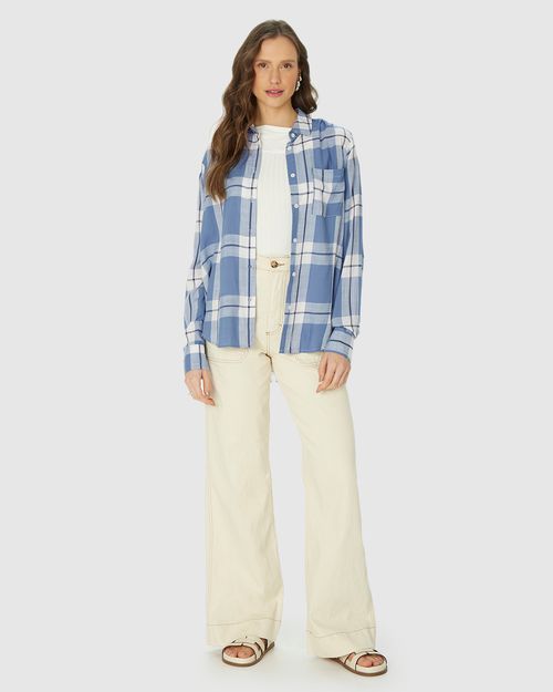 Camisa Feminina Manga Longa Xadrez Em Viscose Sarjada