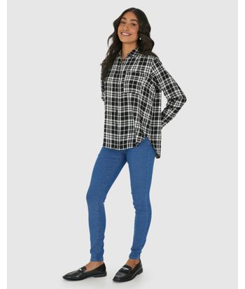 Camisa Feminina Manga Longa Xadrez Em Viscose Sarjada