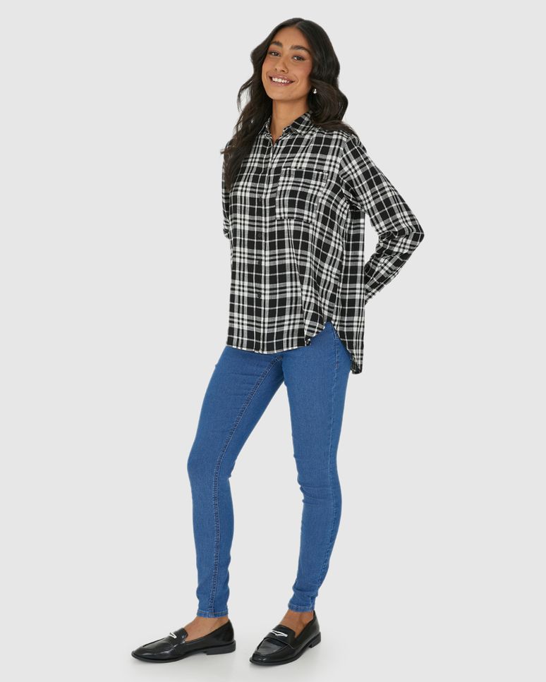 Camisa Feminina Manga Longa Xadrez Em Viscose Sarjada