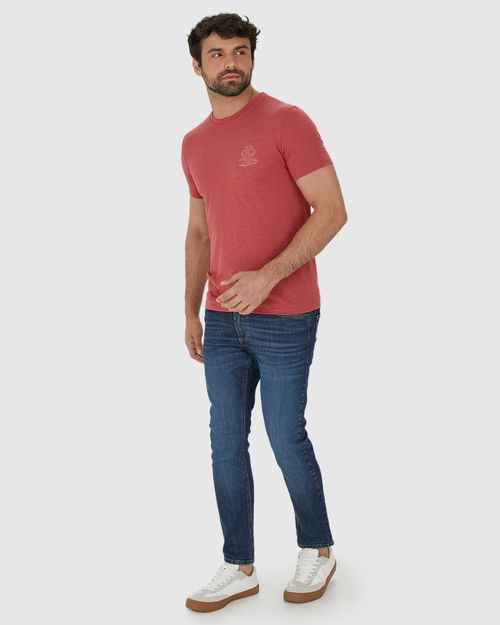 Camiseta Masculina Slim Estampa Frente E Costas Em Malha Rajada Linho