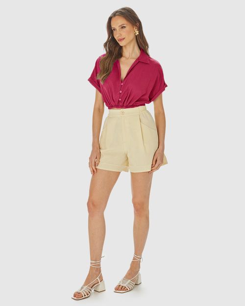 Camisa Cropped Feminina Barra Elástico Em Viscolinho