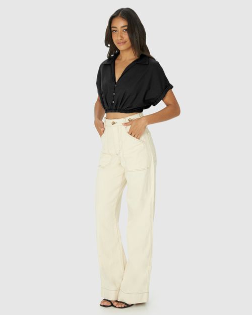 Camisa Cropped Feminina Barra Elástico Em Viscolinho