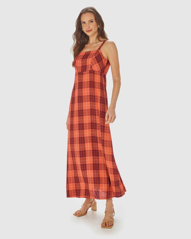 Vestido Longo Feminino Xadrez Alça Com Regulagem Em Viscose Lurex
