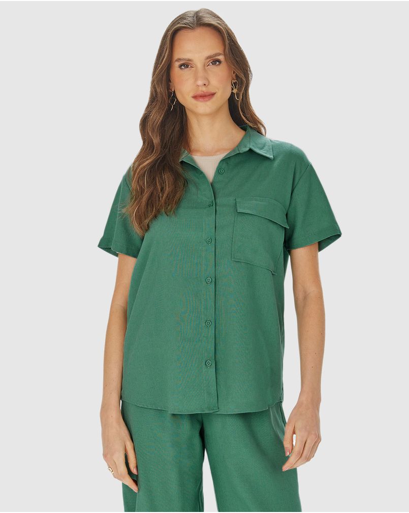 Camisa Feminina Com Bolso Funcional Em Viscolinho VERDE - Malwee