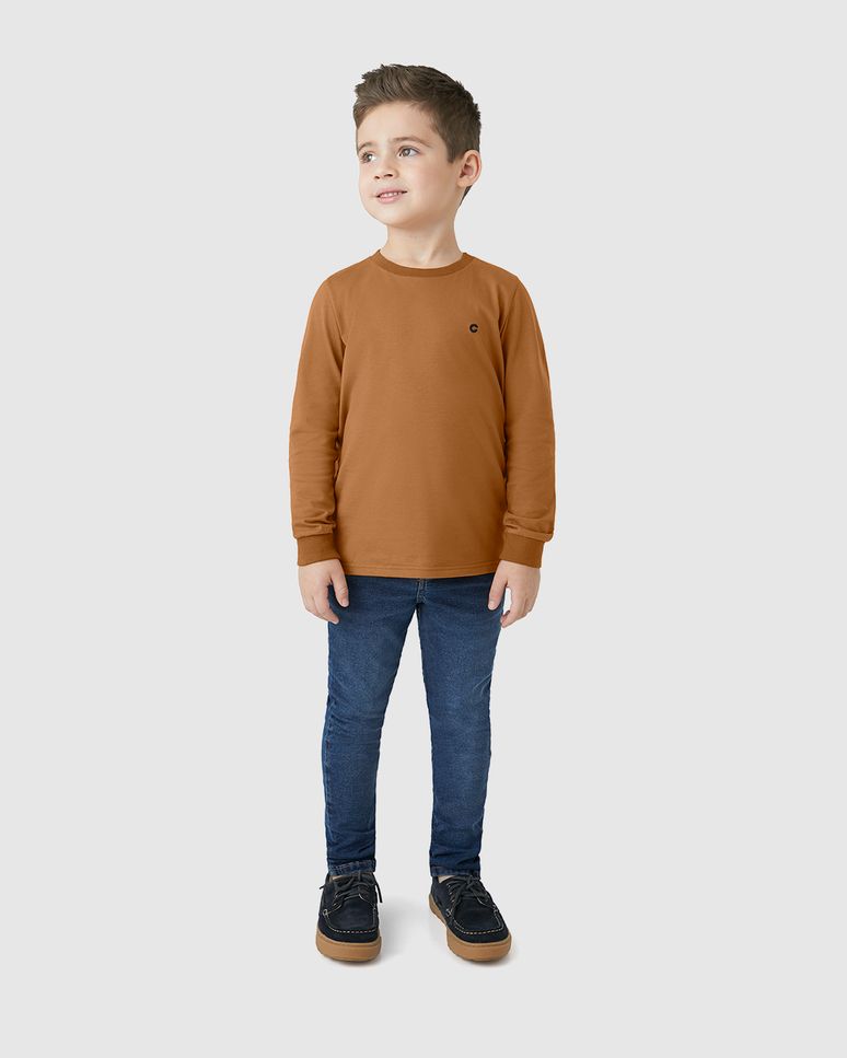 Camiseta Menino Gola Redonda Manga Longa Em Algodão - Carinhoso