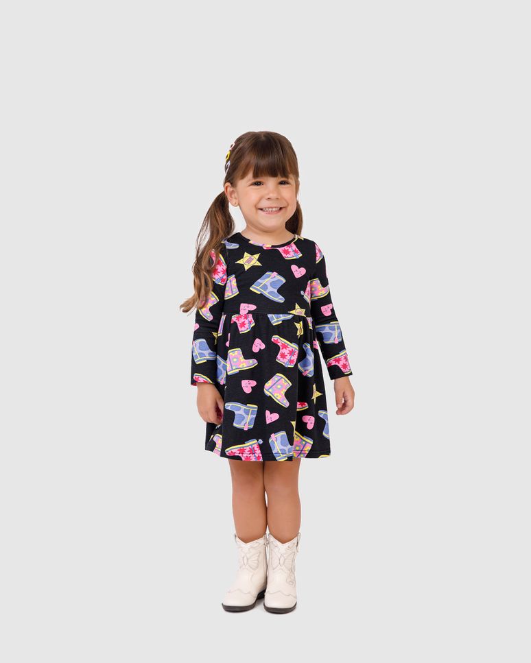Vestido Infantil Manga Longa Estampado Em Algodão Malwee Kids