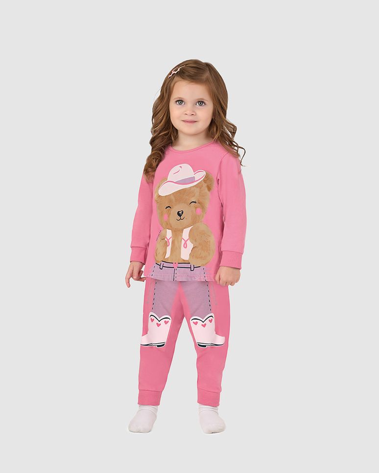 Pijama Infantil Menina Manga Longa Ursinho Cowboy Em Algodão Malwee Kids