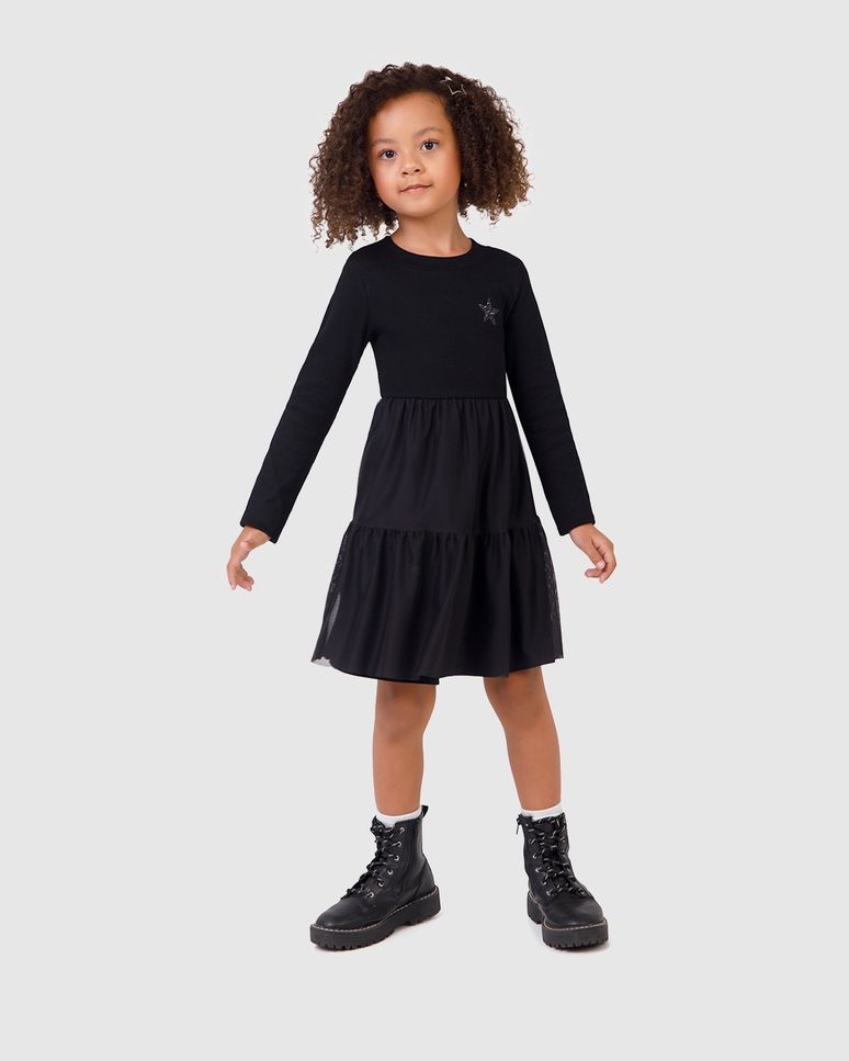 Vestido Infantil Marias Manga Longa em Algodão e Tule Malwee Kids
