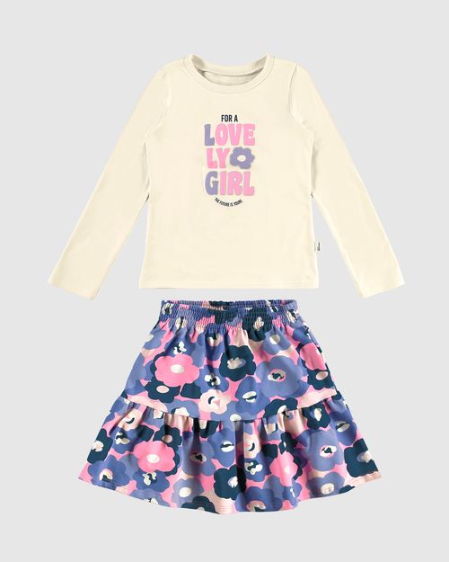Conjunto Infantil Menina Blusa + Saia Babados Estampada Malwee Kids
