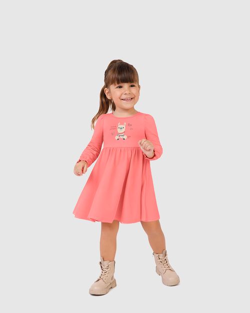 Vestido Infantil Rodado Manga Longa Em Algodão E Tule Malwee Kids