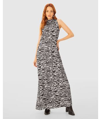 Vestido Longo Feminino Amplo Gola Alta Animal Print Em Viscose - ENFIM