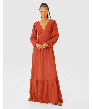 Vestido Longo Feminino Manga Longa Decote V Em Viscose - ENFIM