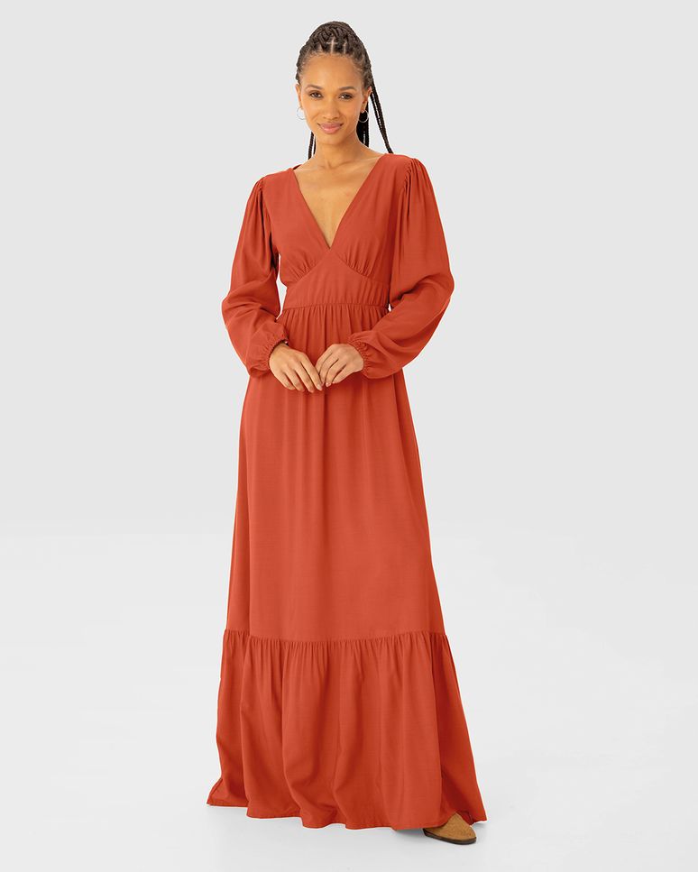 Vestido Longo Feminino Manga Longa Decote V Em Viscose - ENFIM
