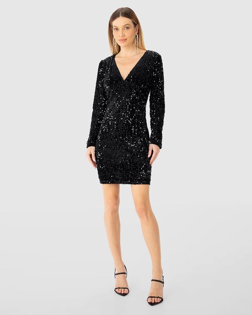 Vestido Feminino Manga Longa Decote V Em Veludo Com Paetê - ENFIM