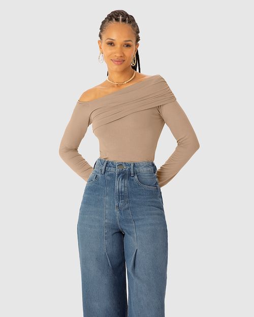 Blusa Feminina Manga Longa Decote Ombro A Ombro Em Viscose Stretch - ENFIM