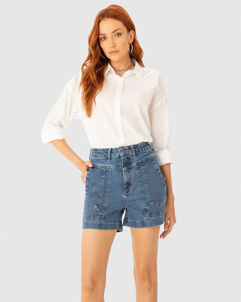 Shorts Alfaiataria Feminino Bolso Frontal Em Jeans Com Elastano - ENFIM