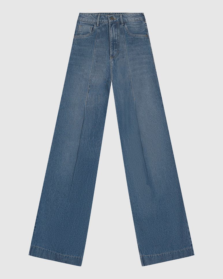 Calça Wide Leg Feminina Pregas Frontais Em Jeans 100% Algodão - ENFIM