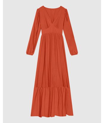 Vestido Longo Feminino Manga Longa Decote V Em Viscose - ENFIM