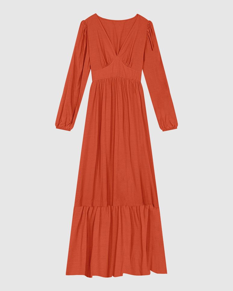 Vestido Longo Feminino Manga Longa Decote V Em Viscose - ENFIM