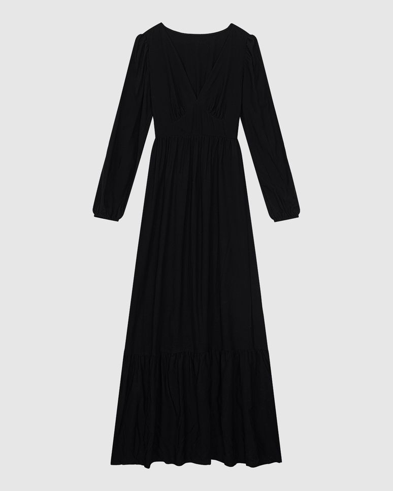 Vestido Longo Feminino Manga Longa Decote V Em Viscose - ENFIM