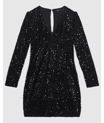 Vestido Feminino Manga Longa Decote V Em Veludo Com Paetê - ENFIM