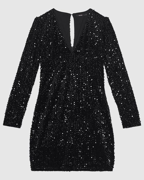 Vestido Feminino Manga Longa Decote V Em Veludo Com Paetê - ENFIM