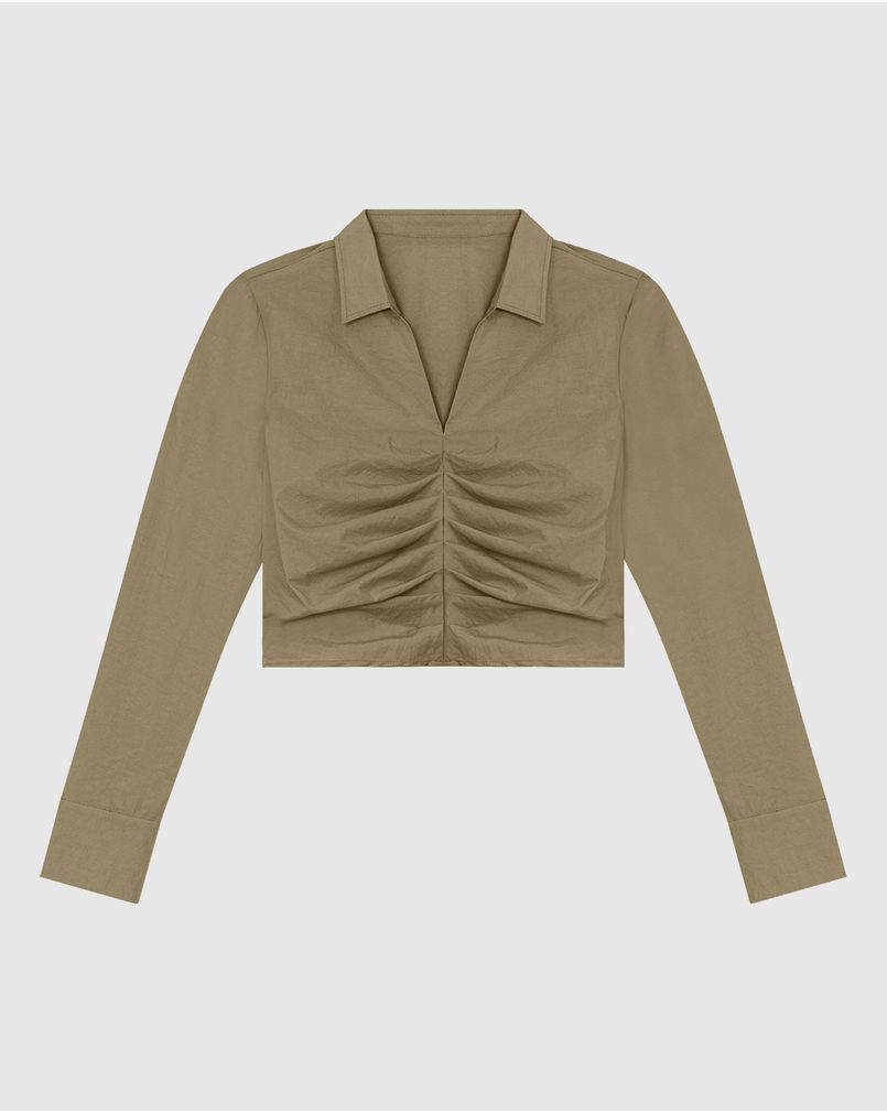 Camisa Cropped Feminina Franzido Frontal Em Viscose Texturizada