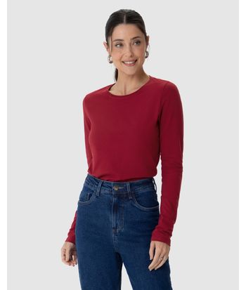 Blusa Básica Feminina Decote Redondo Manga Longa Em Algodão