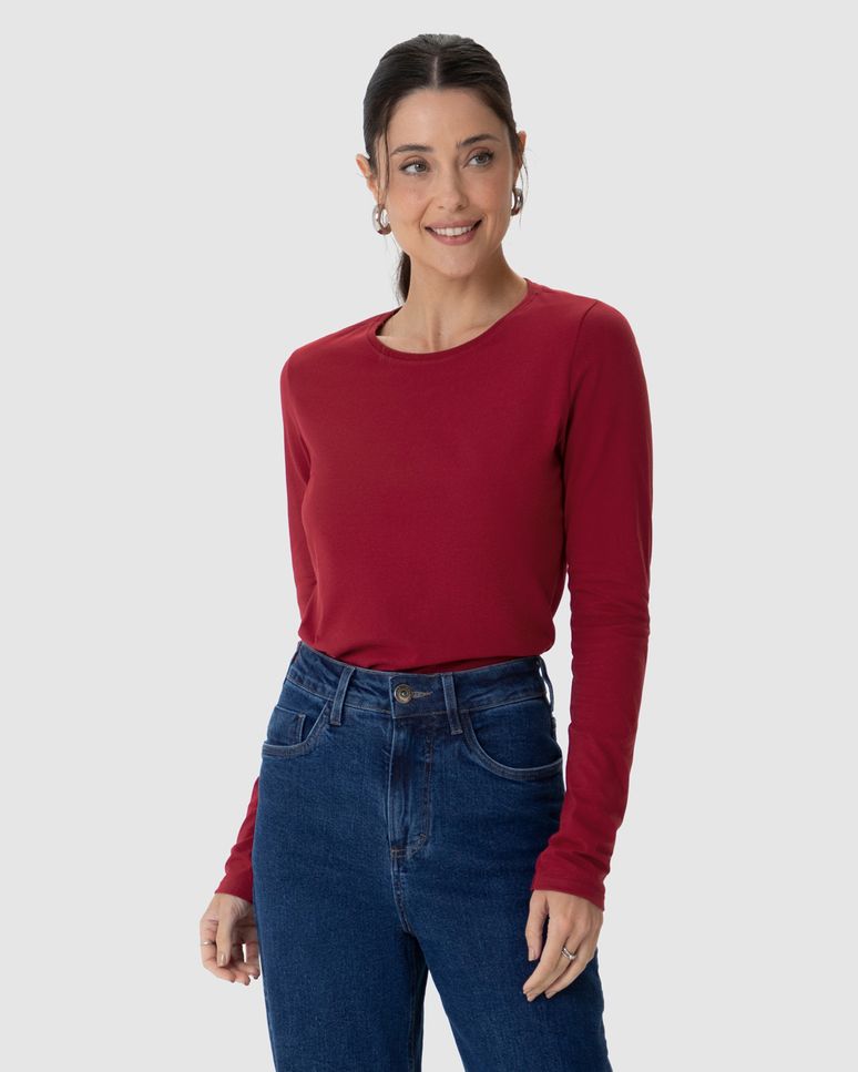 Blusa Básica Feminina Decote Redondo Manga Longa Em Algodão