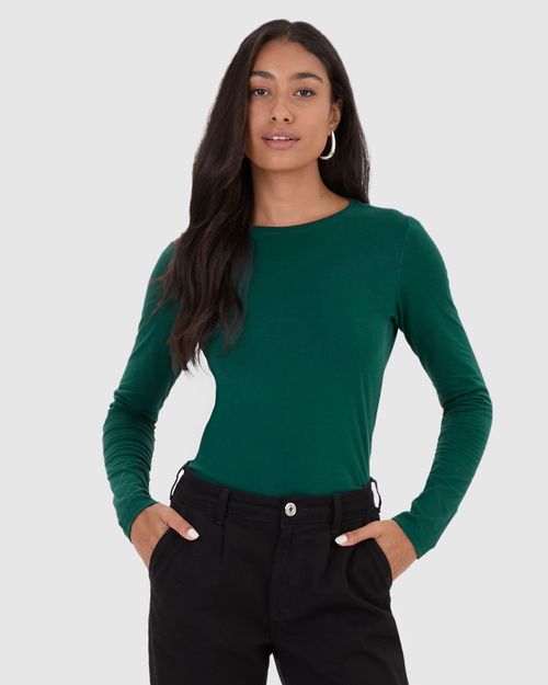 Blusa Básica Feminina Decote Redondo Manga Longa Em Algodão