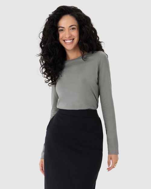 Blusa Básica Feminina Decote Redondo Manga Longa Em Algodão