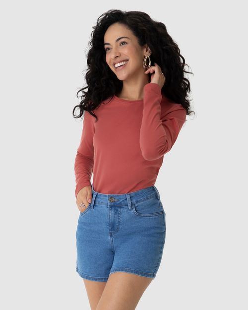 Blusa Básica Feminina Decote Redondo Manga Longa Em Algodão