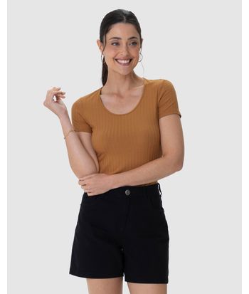 Blusa Básica Feminina Manga Curta Em Canelado De Viscose