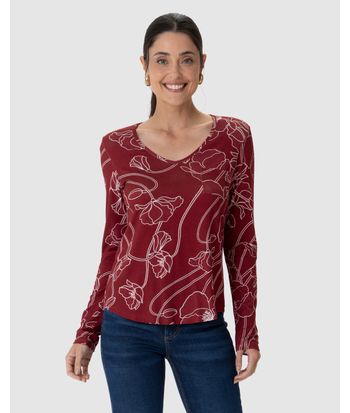 Blusa Feminina Decote V Bolso Funcional Estampada Em Viscose Stretch