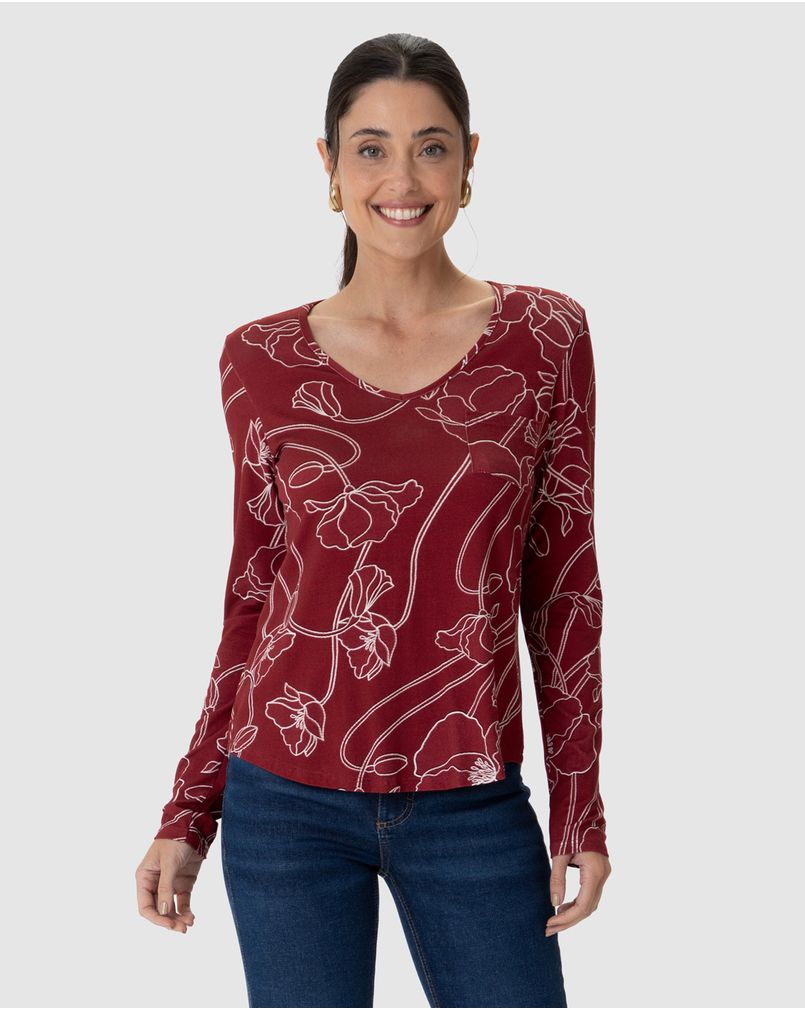 Blusa Feminina Decote V Bolso Funcional Estampada Em Viscose