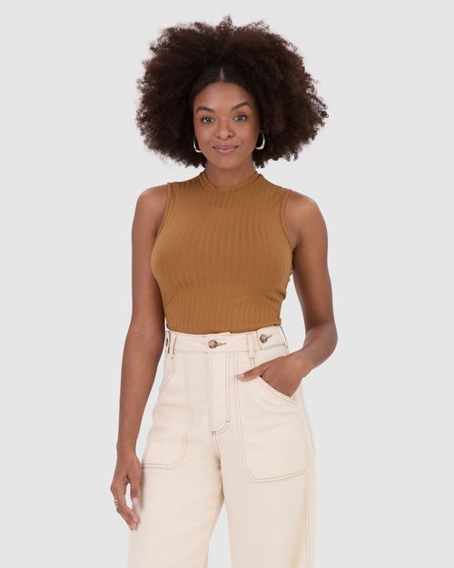 Regata Básica Feminina Gola Alta Em Canelado De Viscose