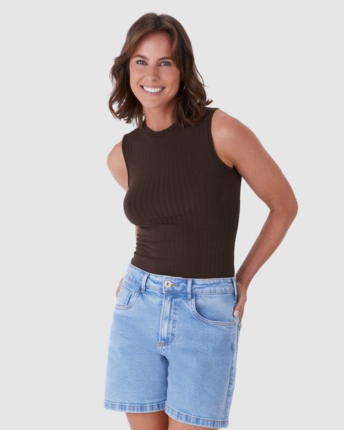 Regata Básica Feminina Gola Alta Em Canelado De Viscose