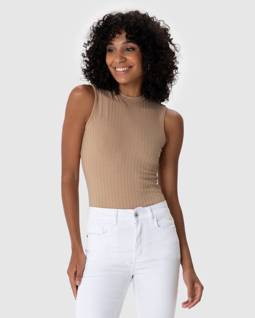 Regata Básica Feminina Gola Alta Em Canelado De Viscose