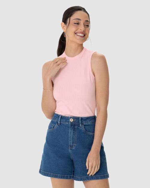 Regata Básica Feminina Gola Alta Em Canelado De Viscose