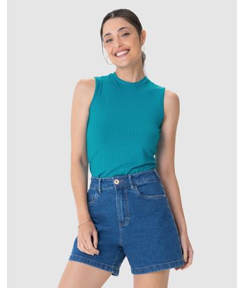 Regata Básica Feminina Gola Alta Em Canelado De Viscose