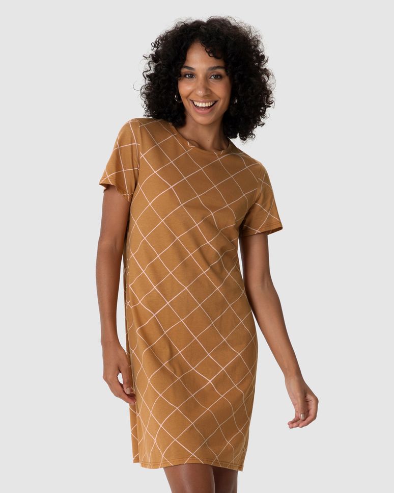 Vestido Feminino Estampado Com Decote Redondo Em Algodão