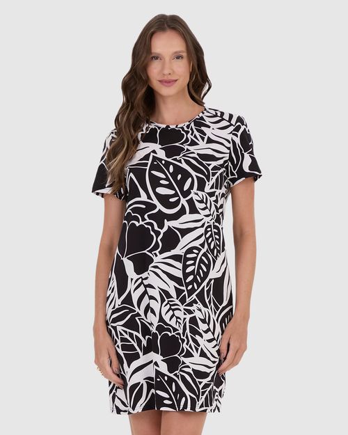 Vestido Feminino Estampado Com Decote Redondo Em Algodão